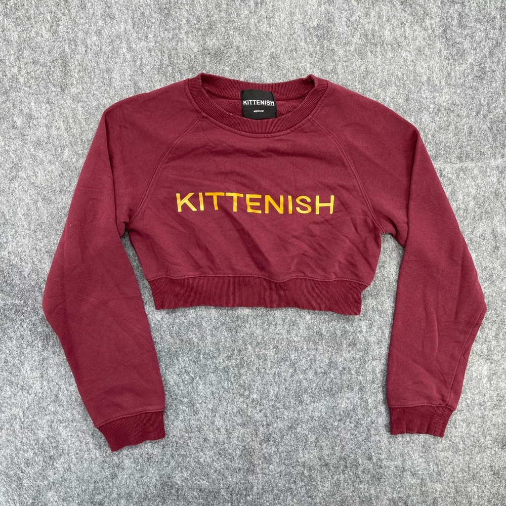 Kittenish Cropped Sweatshirt Womens Medium Burgundy Maroon Yellow Logo Raglan